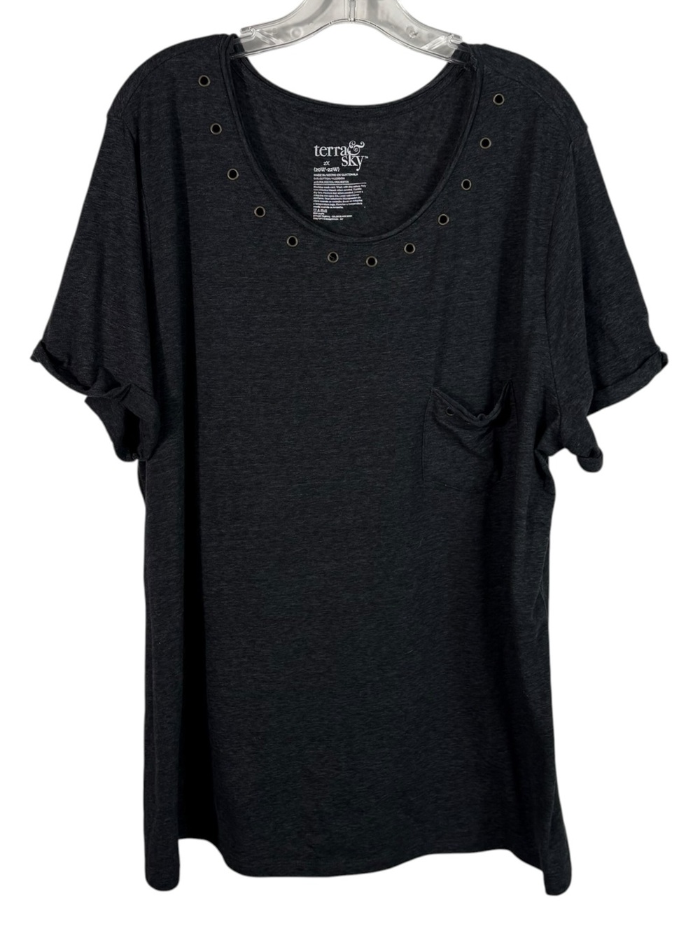 Terra & Sky Charcoal Gray Eyelet Detail Short Sleeve Plus Size Top 2X 20W 22W